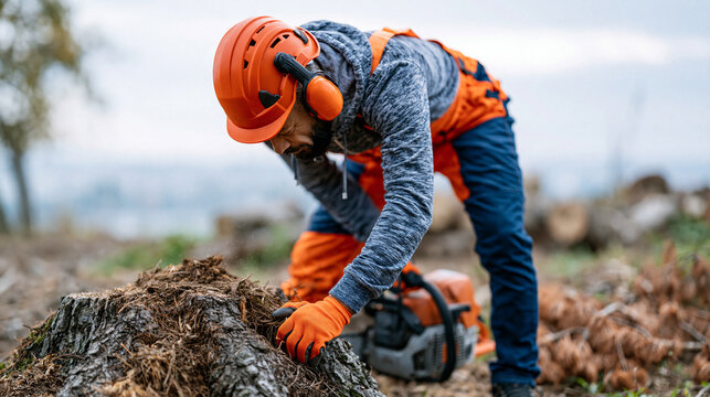 Faceless professional male arborist wearing orange safety helmet ear muffs and work gloves bending over to cut into tree stump or roots with gas-powered chainsaw, stump cutting