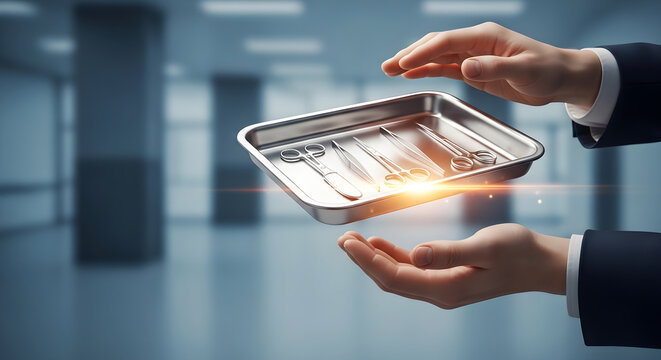 Surgical instruments on sterile metal tray held by doctor hands in modern hospital setting.