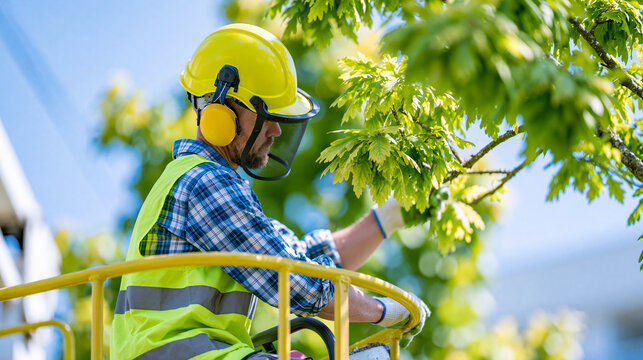 Faceless worker in cherry picker lift pruning tree branches against blue sky during urban tree maintenance, aerial pruning concept, arborist photography, blurred blue sky