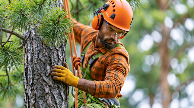 Faceless arborist tree surgeon climbing in safety gear with helmet and goggles to trim or remove trees on job site with harness gloves and pine maintenance, professional tree