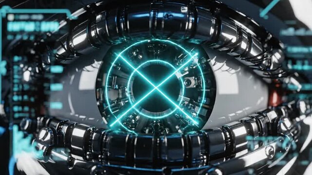 Futuristic cybernetic eye with glowing blue lens, digital circuitry and high-tech optical interface design.