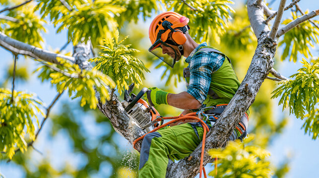 Faceless tree surgeon expertly suspended in harness cutting high branches using chainsaw with sawdust cascading down in vibrant green park under blue sky, tree surgery concept,