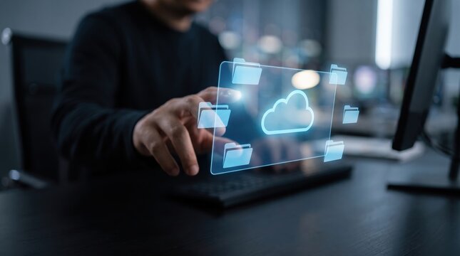 Holographic Cloud Document Management System for Enterprise Data Organization, Cloud Computing Workflow, Digital File Storage Automation, Information Technology Efficiency Concept