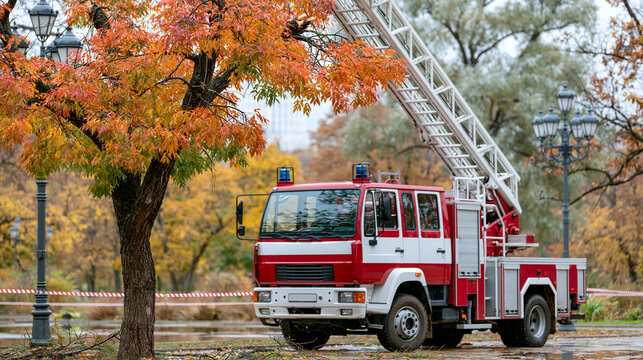 Faceless fire truck with extended ladder during tree cutting in autumn park with firefighters removing dangerous branches in professional arboriculture works with area secured by