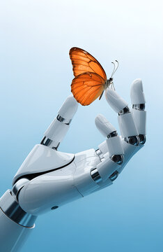 A Detailed Close Up of a High Tech Robotic Hand Gently Holding a Delicate Orange Butterfly Representing the Convergence of Nature and Technology