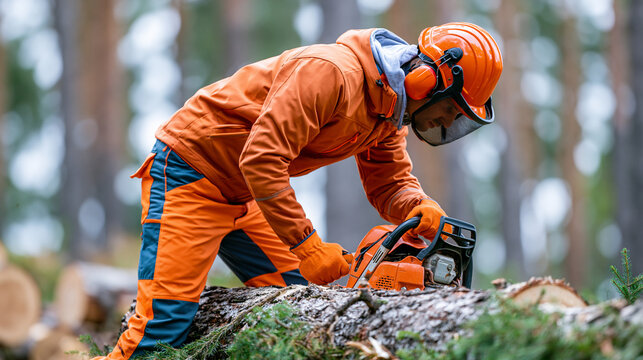 Faceless lumberjack cutting fallen log with chainsaw in forest wearing orange safety gear and helmet representing forestry work and timber industry, forestry concept, photography,