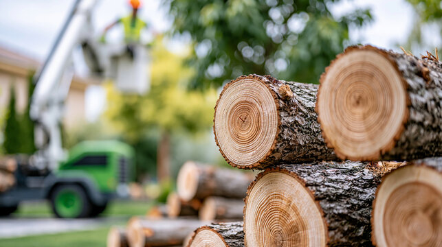 Faceless professional tree removal service team working in residential backyard featuring wood chipper cut logs and arborist in bucket truck, team tree service concept, arborist
