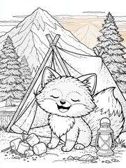 Obraz premium Cute Fox Camping Beside Tent with Lantern Enjoying Cozy Marshmallows in a Beautiful Outdoor Scene