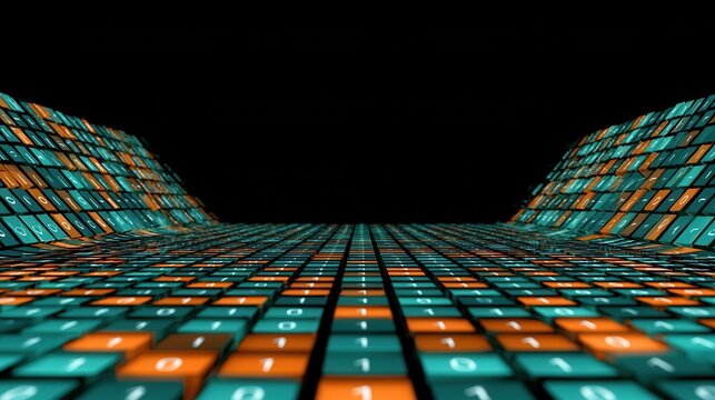 Digital landscape showing rows of binary numbers in blue and orange colors on a dark background
