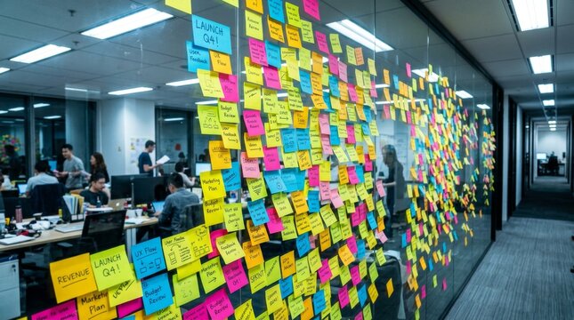 Office wall covered with colorful sticky notes for brainstorming and planning