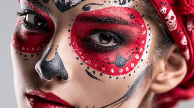 Frau mit rot-schwarzem Sugar-Skull-Make-up und rotem Kopftuch blickt seitlich