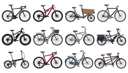 Obraz premium Bicycle Illustration Set with Multiple Colorful Bikes, Side View, Isolated on White Background for Transport Concept