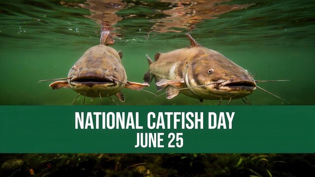Two catfish swimming underwater with a National Catfish Day banner on June 25
