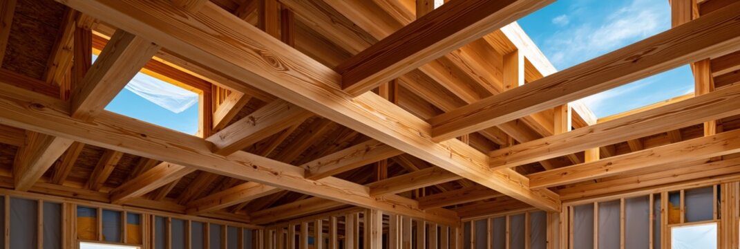 Wooden ceiling framing with rafters and sky openings in construction site interior for building background and renovation design