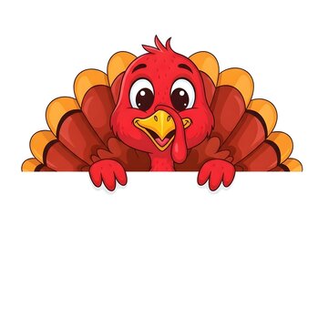 Happy Thanksgiving Cute cartoon turkey character peeking over bottom border on white background for children holiday celebration vector design