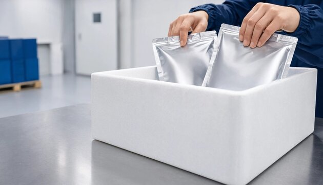 Technician packing medical samples or pharmaceutical products into a cold chain insulated shipping box in a laboratory
