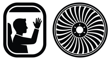 Passenger waving through an airplane window and a detailed jet engine turbine fan for aviation travel themes isolated on a transparent background © Progotibd303