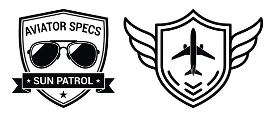Badge emblems featuring aviator sunglasses and an airplane with wings inside a shield shape for travel and pilot themes isolated on a transparent background © Progotibd303