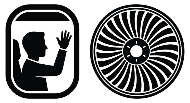 Passenger waving through an airplane window and a detailed jet engine turbine fan for aviation travel themes isolated on a transparent background