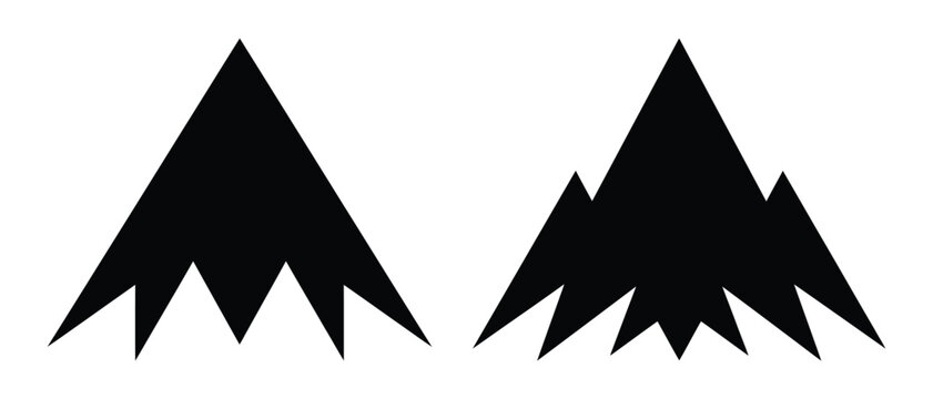 Mountain icons or peak shapes for nature design projects and outdoor adventure logos or map symbols for trekking and hiking themes isolated on a transparent background