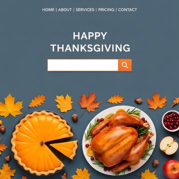 Happy Thanksgiving Roasted turkey with pumpkin pie and autumn leaves for holiday website interface