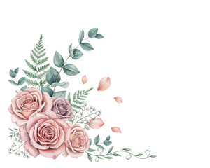 Pink roses and greenery floral arrangement transparent isolated on a transparent background © PNG Studio 99