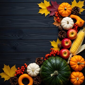 Happy Thanksgiving Fall harvest arrangement with pumpkins apples and pinecones on black wooden table