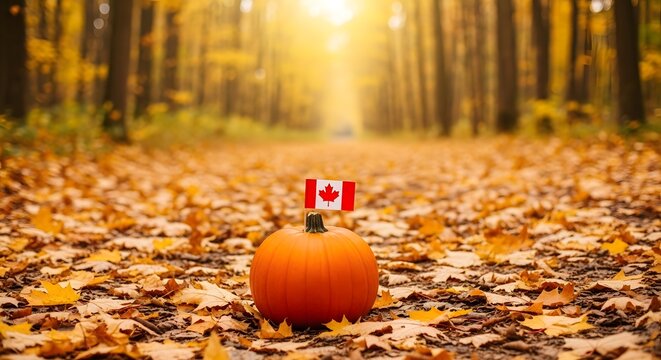 Happy Thanksgiving Single pumpkin with Canadian flag on forest path covered in golden maple leaves