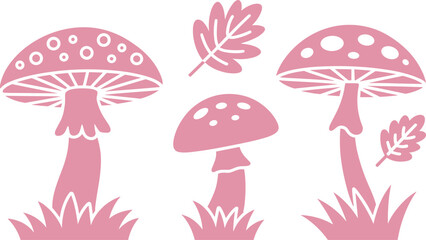 Vector set of a beautiful pink woodland spotted mushroom collection with autumn oak leaves. Cute natural forest fungus plant silhouette graphic art landscape magic doodle element © Mst