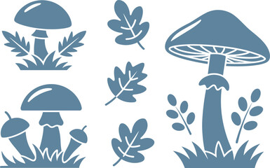 Vector set of a beautiful blue woodland mushroom collection with autumn oak leaves and acorns. Cute natural forest fungus plant graphic art landscape magic, doodle element © Mst