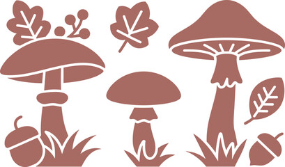 Vector set of a beautiful brown woodland mushroom collection with autumn oak leaves and cute acorns. Cute natural forest fungus plant silhouette graphic art, doodle element © Mst