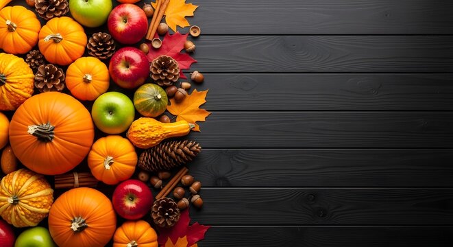 Happy Thanksgiving Assorted pumpkins apples and pinecones on rustic black wooden background