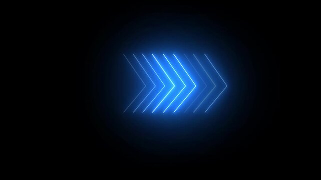 Abstract blue neon light arrows moving in sequence of glowing pointing forward, creating a sense of movement and direction