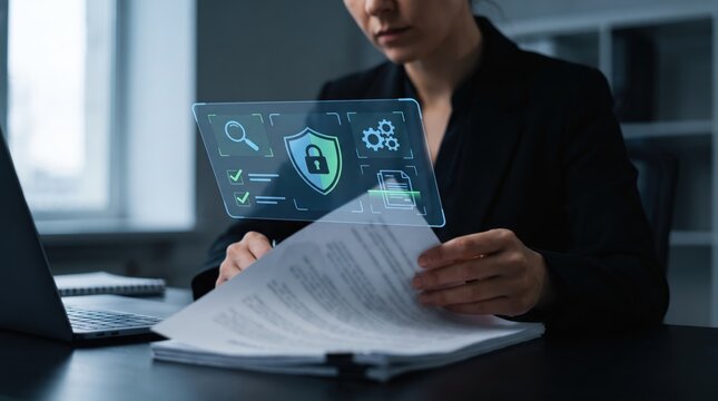 Holographic AI Audit Interface on Documents, Digital Compliance Verification Technology, Automated Paper Review and Business Data Analysis Concept in Minimalist Moody Office