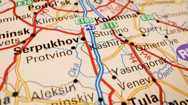 tula and moscow map camera glide highlighting travel path across central russia