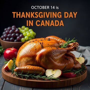 Happy Thanksgiving Roasted whole turkey on wooden platter with fresh apples and grapes for Canadian holiday celebration on dark background