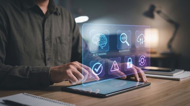 Holographic AI Document Audit Dashboard on Tablet in Dark Modern Workspace, Automated OCR Scanning Cloud Security Workflow Automation Technology Concept with Blurred Background