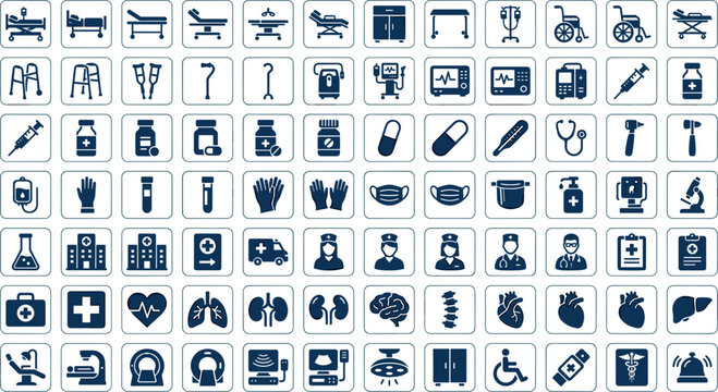 Medical and healthcare vector icon set featuring clinic equipment, hospital tools, organs, and doctor symbols enclosed in square frames