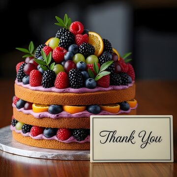 Happy Thanksgiving Layered sponge cake decorated with fresh berries and orange slices with thank you card on wooden table close up shot