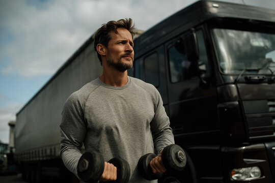 Truck driver lifts dumbbells outdoors near his truck during a break from driving on a cloudy day