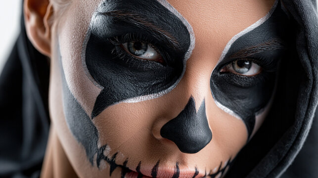 Nahaufnahme von Frau mit Totenkopf Make-up und schwarzer Kapuze