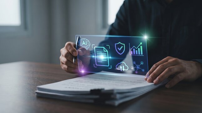 AI Compliance Audit Hologram with Secure Document Verification, Automated Workflow and Data Analytics Concepts, futuristic business technology, confidential paperwork and digital security innovation