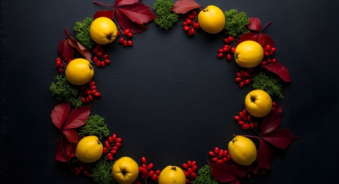 Happy Thanksgiving Wreath made of yellow quince fruits and red autumn leaves with green moss on dark textured stone background top view