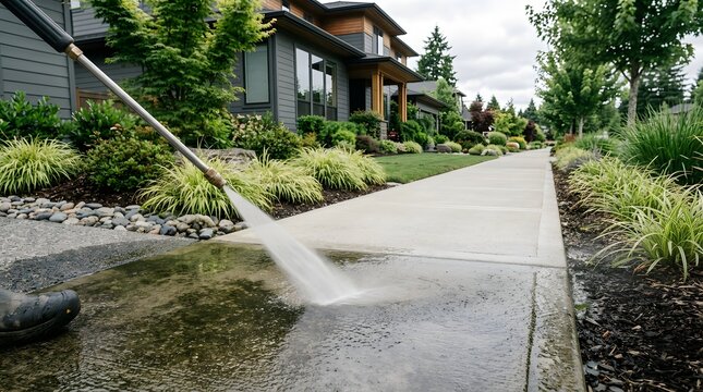 Pressure washing concrete pathway next to modern house with lush green landscaping, cleaning exterior surfaces with high-pressure water.