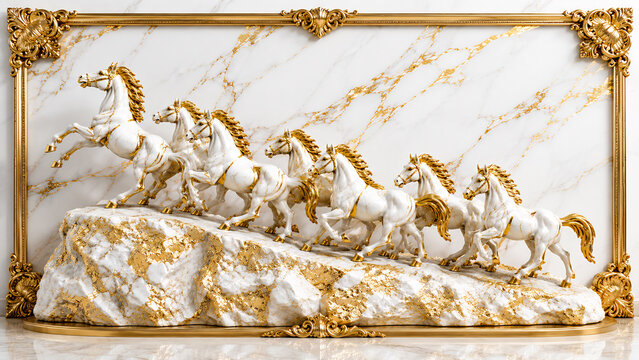 Luxury Seven White Marble Horses with Golden Accents on Elegant Marble Background &ndash; 3D Decorative Wall Art