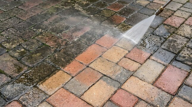 Pressure washing outdoor patio, cleaning dirty paved brick driveway, water stream removing grime from pavement surface.