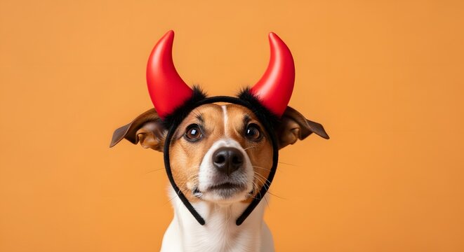 Close up portrait of small dog wearing red devil horns headband looking at camera against vibrant orange studio background Happy Halloween