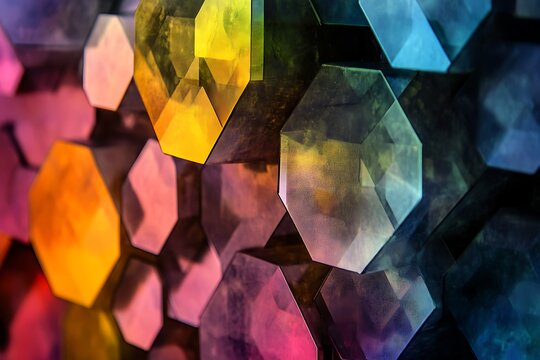 Abstract geometric wall art with glowing hexagonal crystal shapes