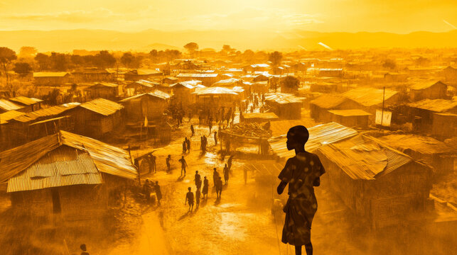 African village life scene with man silhouetted against sunset, serene atmosphere