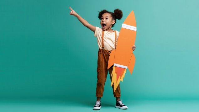 Child points to the sky while holding a paper rocket in a studio setting with a teal background
